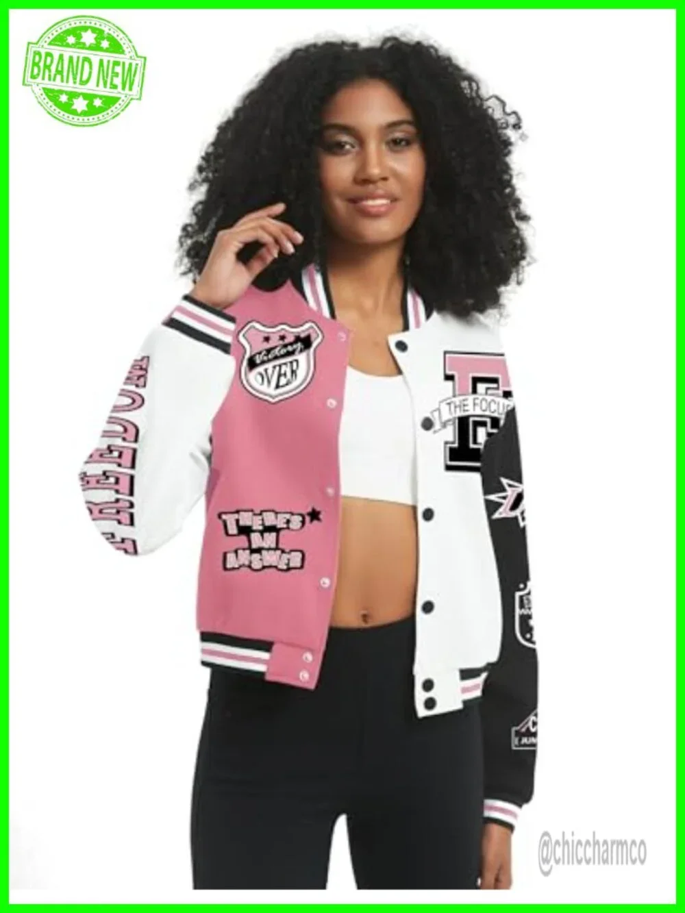 Women's Cropped Bomber Varsity Jacket Cotton Letterman Snap